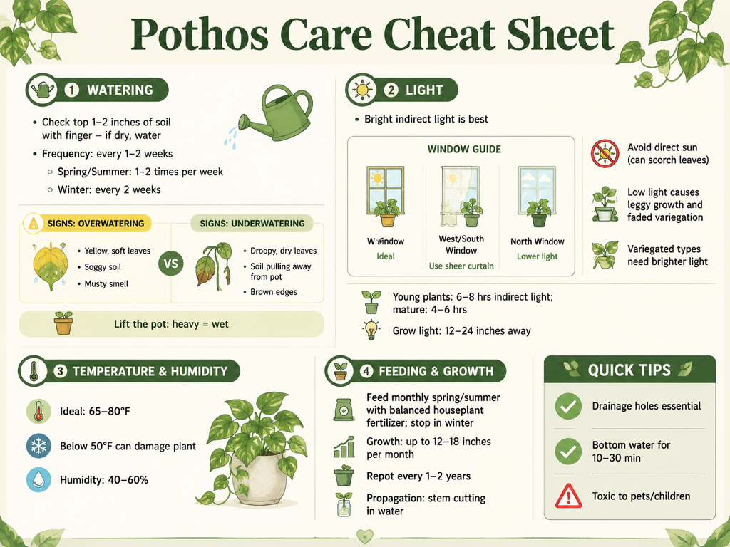 Infographic titled Pothos Care Cheat Sheet summarizing key care points: water when top 1-2 inches of soil is dry, every 1-2 weeks, with seasonal adjustments; bright indirect light is best, east window ideal, avoid direct sun; temperature 65-80°F, humidity 40-60%; feed monthly in spring/summer, repot every 1-2 years; quick tips about drainage, bottom watering, and toxicity. Icons and checklists make it scannable.