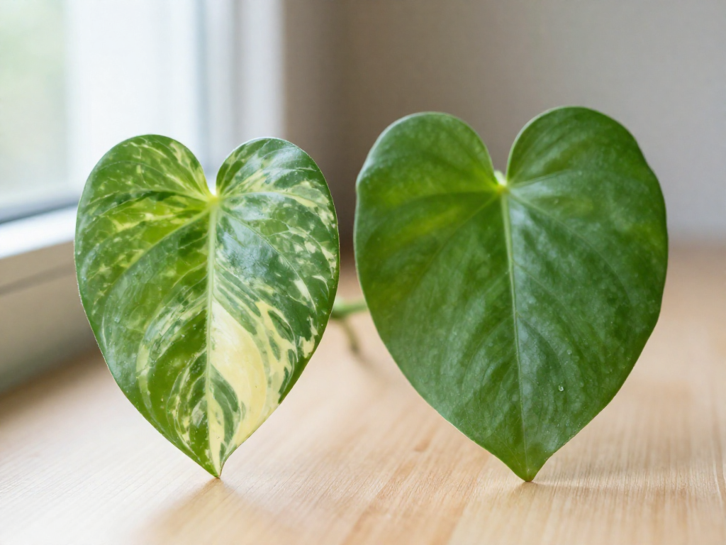 Side-by-side close-up of a glossy pothos leaf with yellow variegation and a matte heart-shaped philodendron leaf.