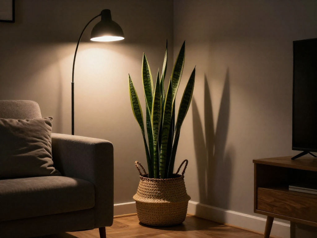 A tall snake plant in a woven basket planter stands in a dim apartment corner beside a cozy armchair and a floor lamp.