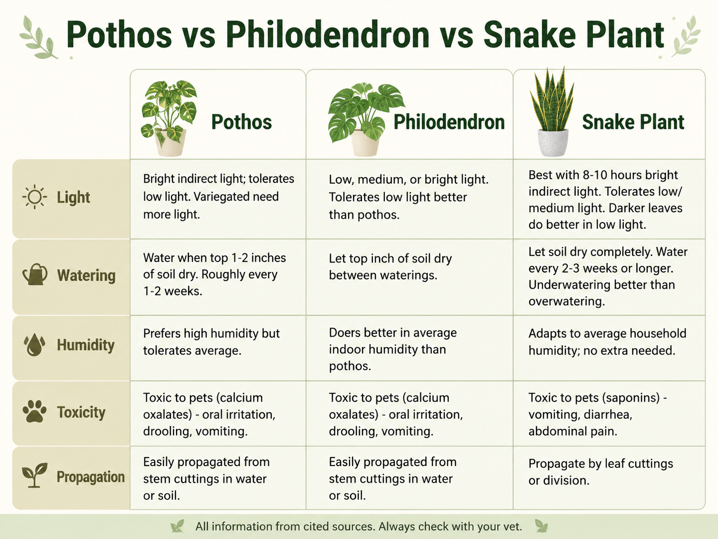 Infographic comparing pothos, philodendron, and snake plant light, watering, humidity, toxicity, and propagation. Pothos and philodendron need bright indirect light but tolerate low light; snake plant thrives in 8-10 hours of bright indirect light. Water pothos when top 1-2 inches dry, philodendron when top inch dry, snake plant every 2-3 weeks after soil dries. All are toxic to pets: pothos and philodendron contain calcium oxalates causing oral irritation; snake plant contains saponins causing vomiting. Pothos and philodendron are easily propagated from cuttings; snake plant is drought-tolerant succulent.