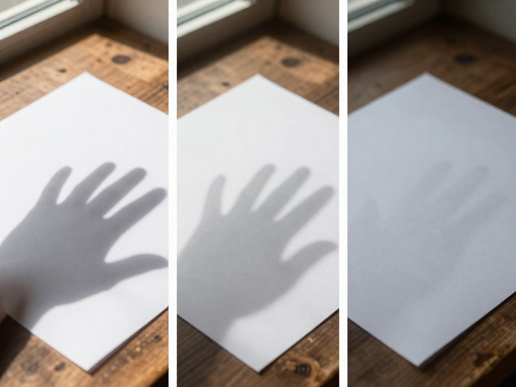 Three close-up views of a hand shadow on paper: sharp, soft, and faint, demonstrating the shadow test for light levels.
