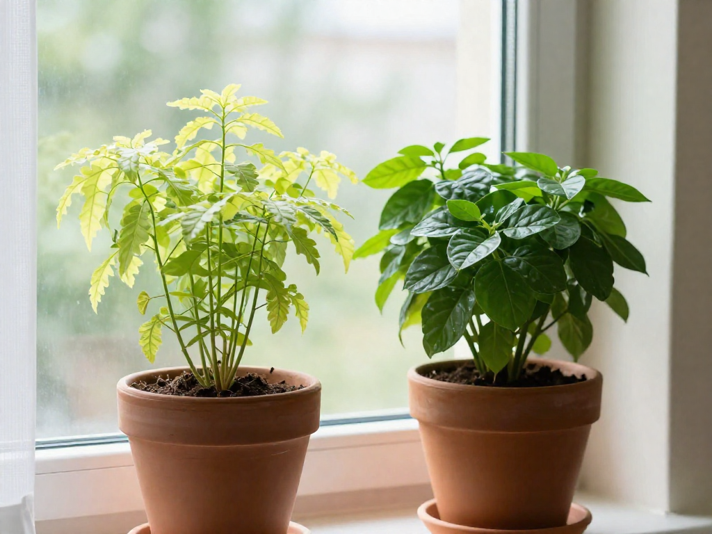 Two potted plants on a windowsill: one is leggy with sparse leaves, the other is compact and healthy with dense growth, showing the effect of light.