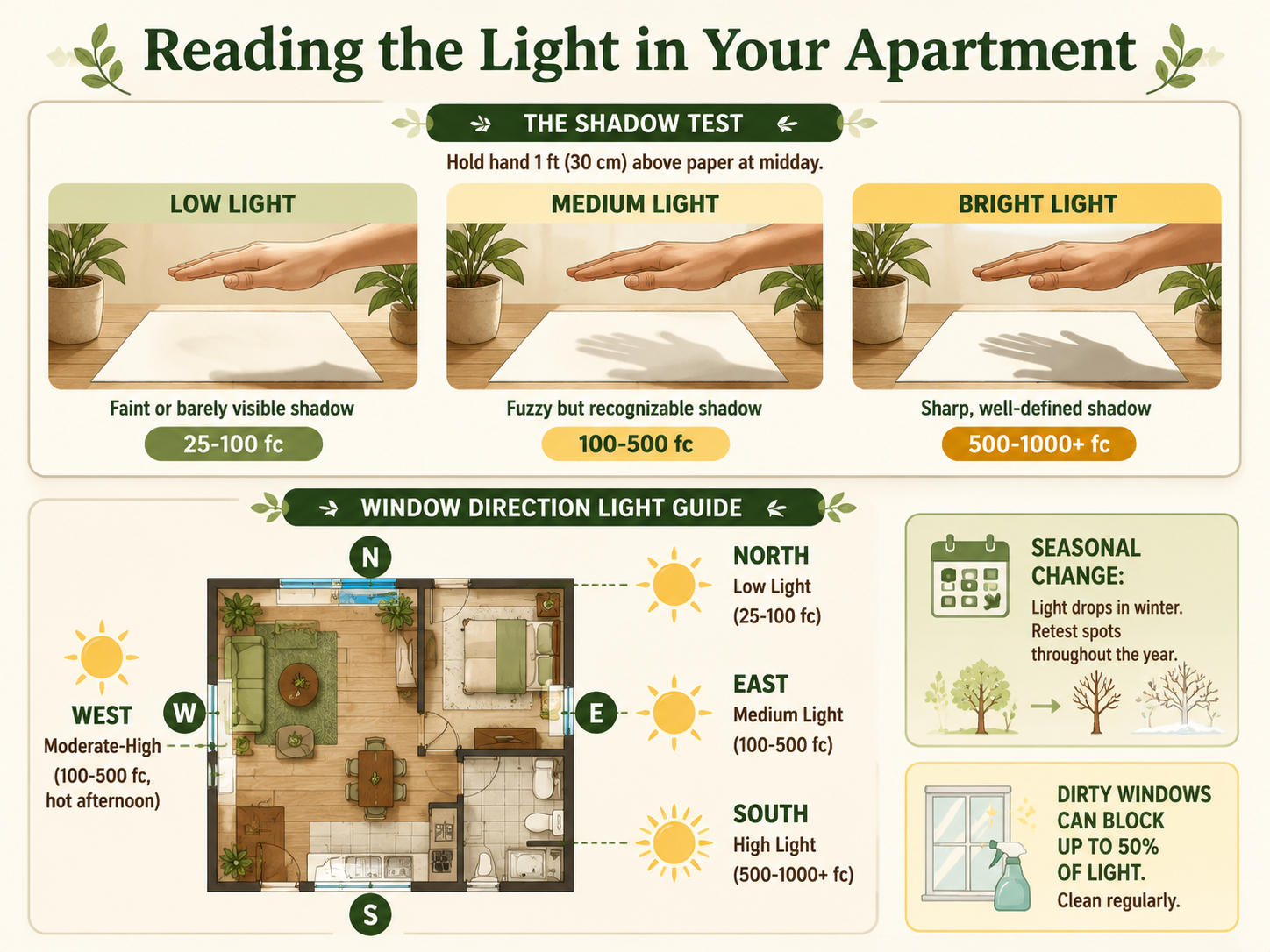 Infographic showing the shadow test for houseplant light levels: holding a hand over paper to gauge bright, medium, or low light with foot-candle ranges. Also includes a window direction guide with north, east, south, west light classifications and a seasonal change tip. Decorated with plant-themed illustrations.