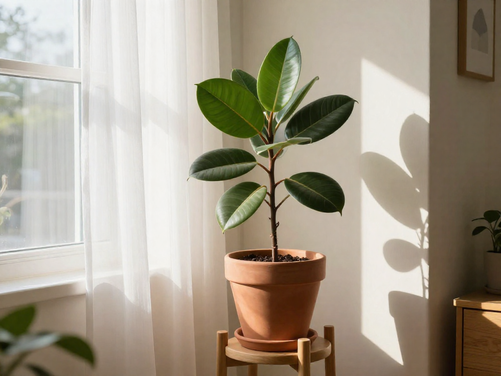 A healthy rubber plant with large glossy green leaves placed near a bright window in a cozy apartment.