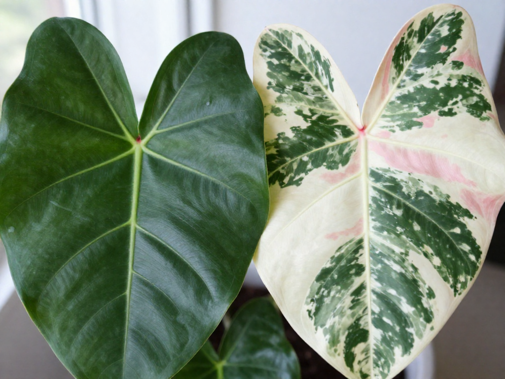 Close-up of two rubber plant leaves showing one solid dark green and one variegated with shades of green and pink.