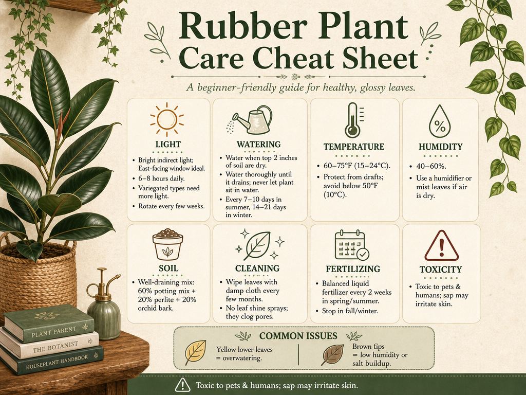 Infographic cheat sheet for rubber plant care. Sections: Light – bright indirect, 6–8 hours, east window. Watering – top 2 inches dry, 7–10 days summer, 14–21 days winter. Temperature – 60–75°F, avoid below 50°F. Humidity – 40–60%. Soil – 60% potting mix, 20% perlite, 20% orchid bark. Cleaning – damp cloth, no leaf shine. Fertilizing – every 2 weeks spring/summer. Common issues: yellow leaves from overwatering, brown tips from low humidity or salt. Toxicity warning.