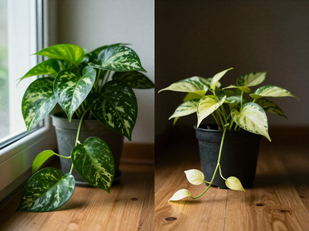 Two pothos plants in pots on a wooden floor: a lush, full plant near a sunlit window and a sparse, leggy plant in the shadowy corner.