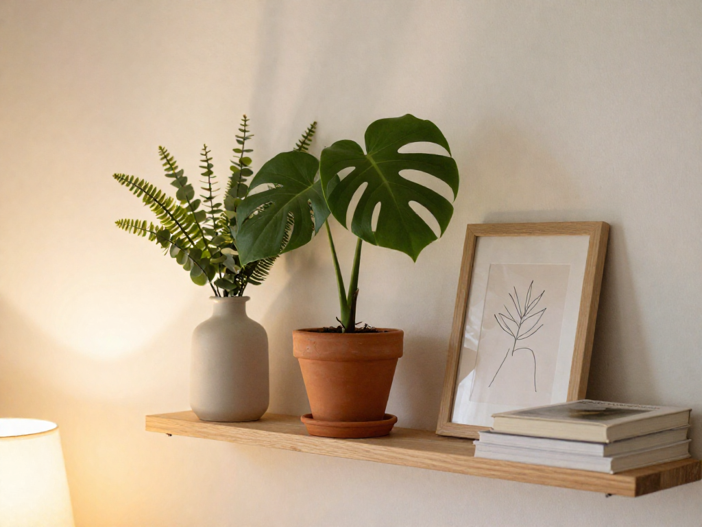 A wooden shelf with a real small plant in a ceramic pot alongside artificial greenery and a framed photo, against a white wall.