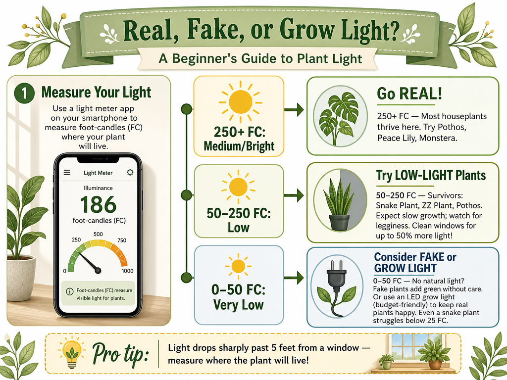 Infographic titled 'Real, Fake, or Grow Light? A Beginner's Guide to Plant Light'. It illustrates a decision tree: measure light with a smartphone app; then based on foot-candles (0-50 FC, 50-250 FC, 250+ FC), choose real plants, low-light plants, or fake/grow light. Lists specific plants and tips like cleaning windows for up to 50% more light.