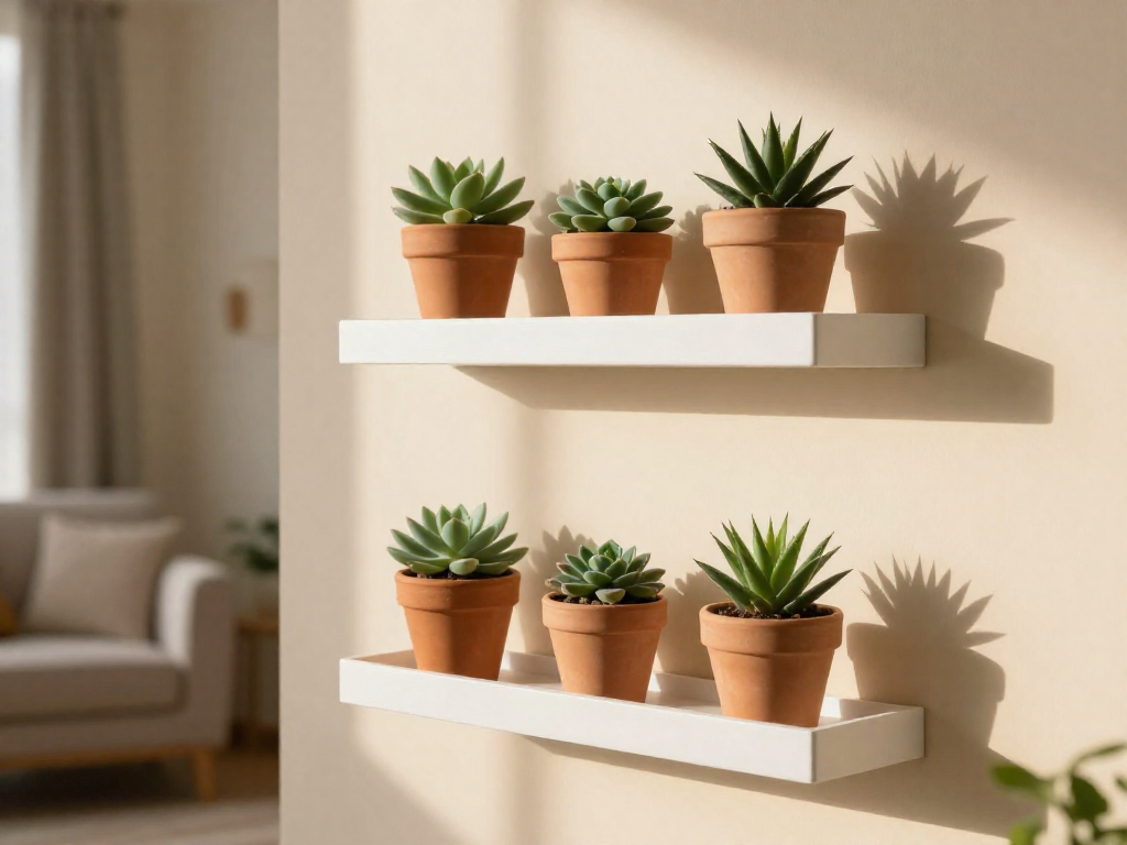 Three white floating shelves on a wall holding small terracotta pots with various succulents, in a cozy living room with warm afternoon light.