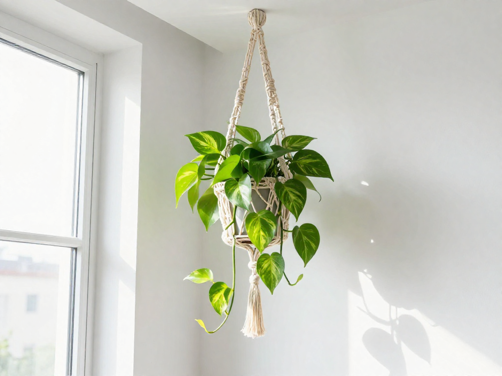 Golden pothos plant trailing down from a macrame hanger in a bright corner with morning light and white walls.