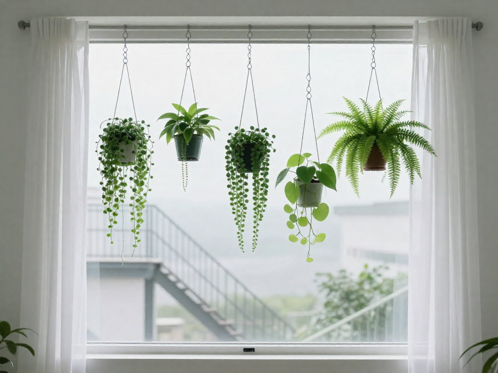 Tension rod inside a window frame holding small potted plants at different heights, with sheer curtains and soft daylight.