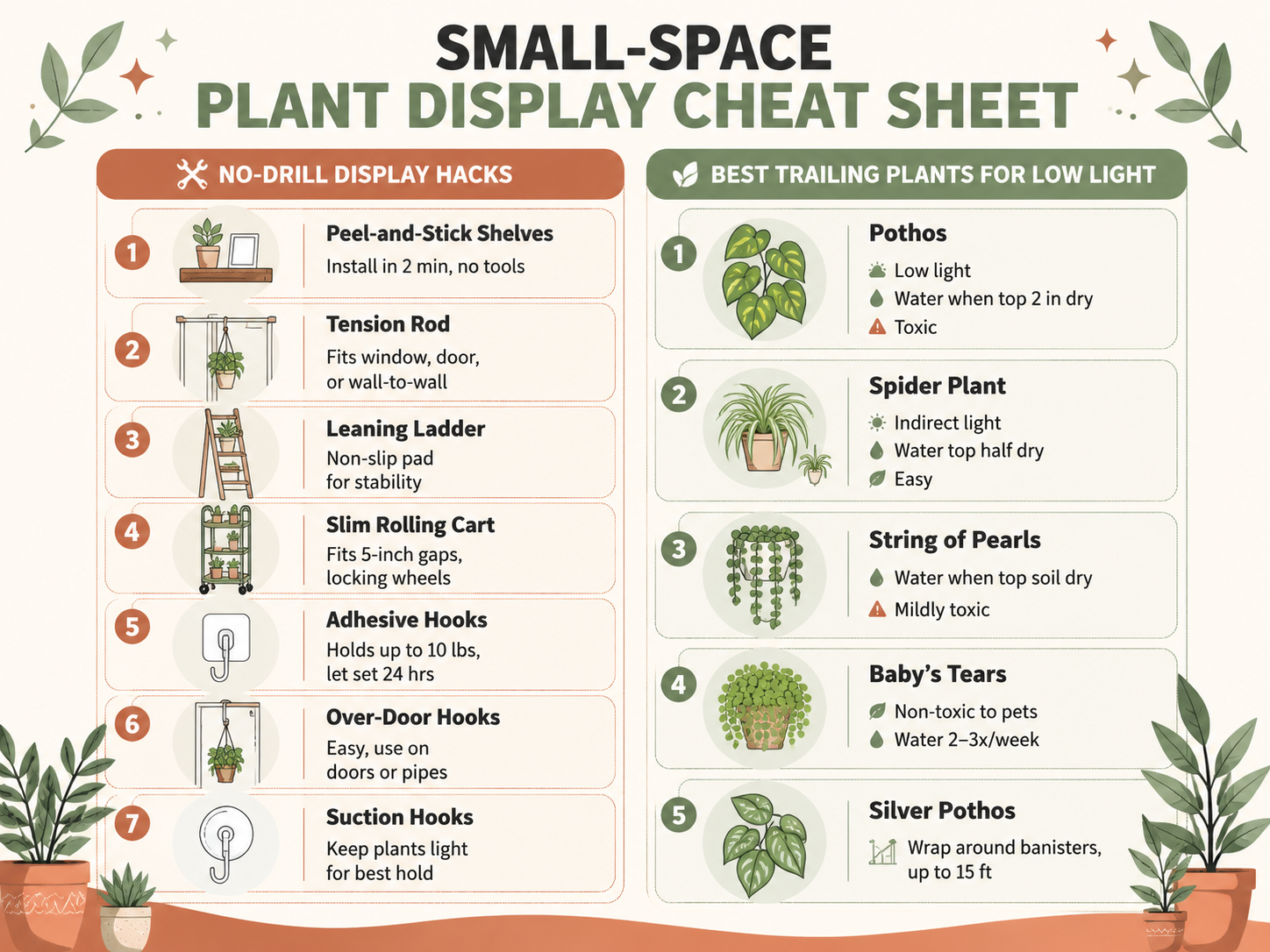 Infographic cheat sheet for small-space plant displays. Left side shows 7 no-drill display hacks with short tips: peel-and-stick shelves (2 min install, no tools), tension rod (window/door/wall), leaning ladder (non-slip pad), slim rolling cart (fits 5-inch gaps, locking wheels), adhesive hooks (holds up to 10 lbs, let set 24 hrs), over-door hooks (doors/pipes), suction hooks (keep plants light). Right side shows 5 low-light trailing plants with care notes: pothos (low light, water when top 2 in dry, toxic), spider plant (indirect light, water top half dry, easy), string of pearls (water when top soil dry, mildly toxic), baby's tears (non-toxic to pets, water 2-3x/week), silver pothos (wrap banisters, up to 15 ft). Designed in warm terracotta and sage green.