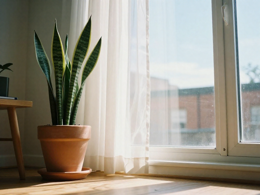 A tall snake plant in a terracotta pot on a wooden side table near a bright window with sheer curtains, soft morning light.