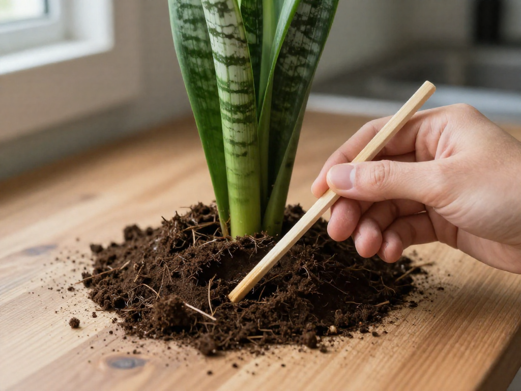 A wooden chopstick in the dry soil of a snake plant pot, used to test moisture.