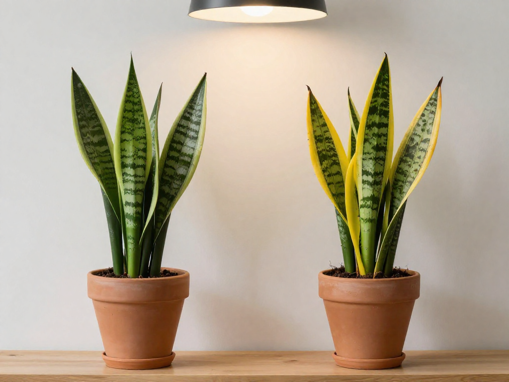 A side-by-side comparison: a healthy green snake plant next to an overwatered one with yellow, drooping leaves.