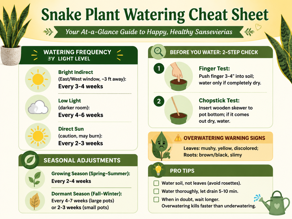 Infographic cheat sheet for snake plant watering. Left column: watering frequency by light level (bright indirect 3-4 weeks, low light 4-6 weeks, direct sun 2-3 weeks) and seasonal adjustments (spring-summer 2-4 weeks, fall-winter 4-7 weeks for large pots, 2-3 weeks for small pots). Right column: two-step soil check (finger test 3-4 inches deep, chopstick test), overwatering warning signs (mushy yellow leaves, rotting roots), and pro tips (water soil, drain well, underwater rather than overwater).