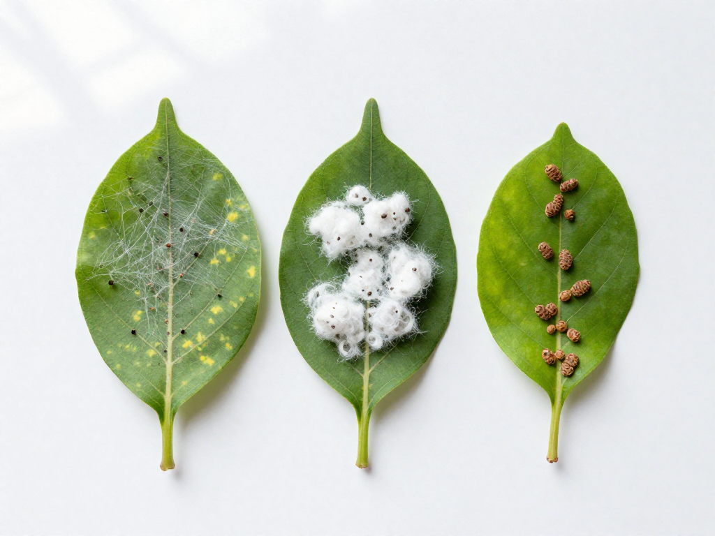 Three leaves showing different pest infestations: spider mite webbing, mealybug clusters, and scale insects.