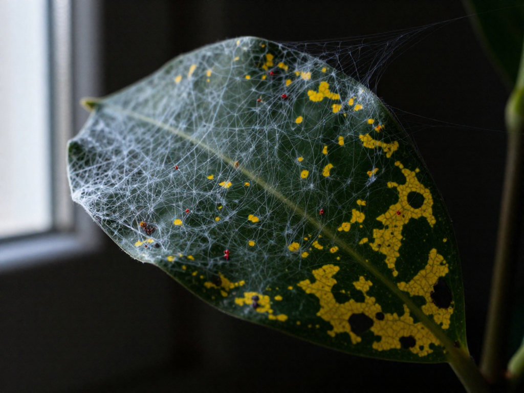 Close-up of a leaf underside with spider mite webbing and yellow stippling damage.