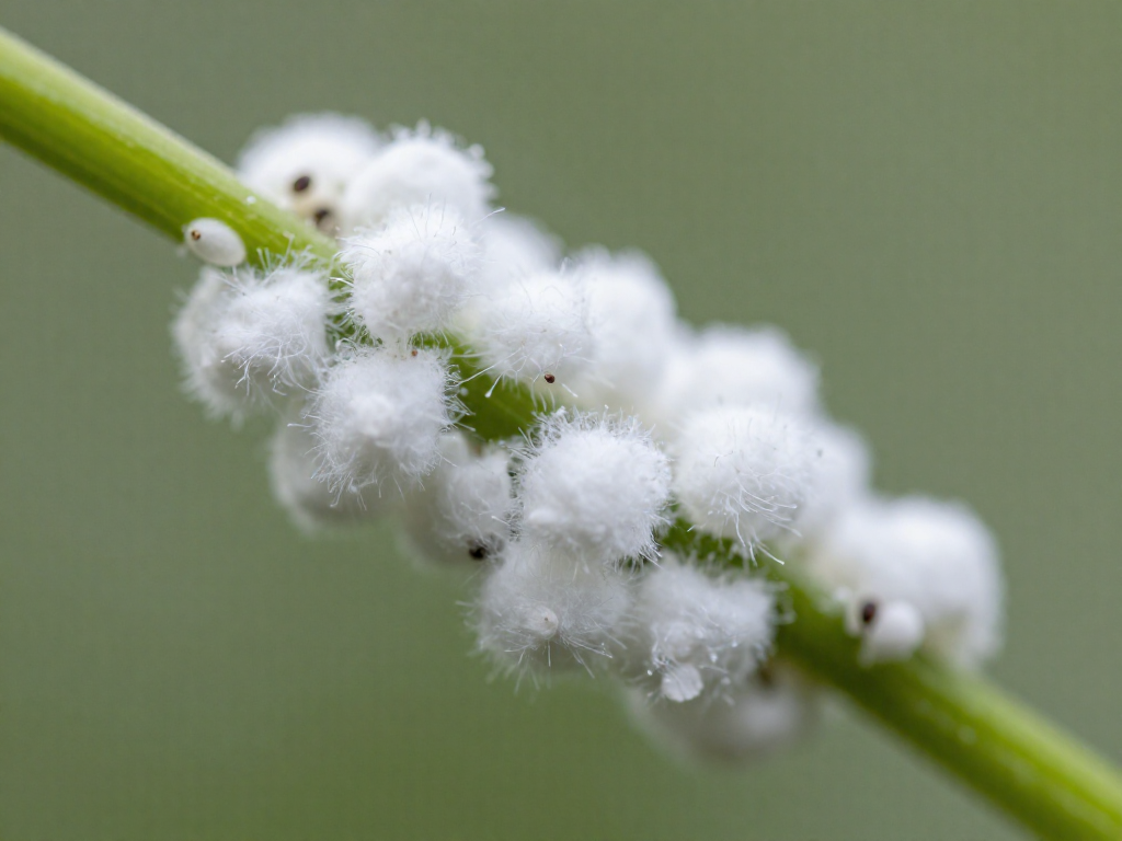 White cottony mealybugs clustered where a leaf meets the stem.