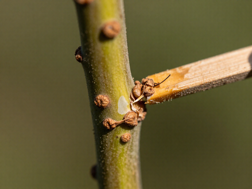 A plant stem with brown scale insects, one scraped off to show the soft body underneath.