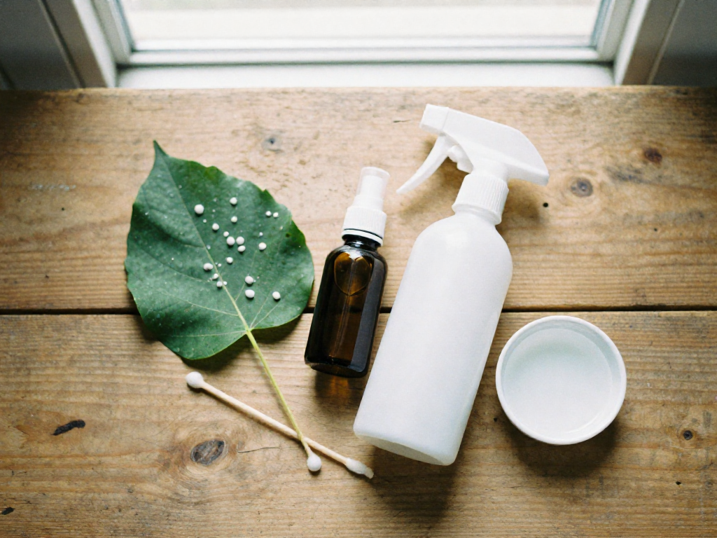 Flat-lay of houseplant pest treatment supplies: neem oil, insecticidal soap, cotton swabs, and alcohol next to a leaf with mealybugs.