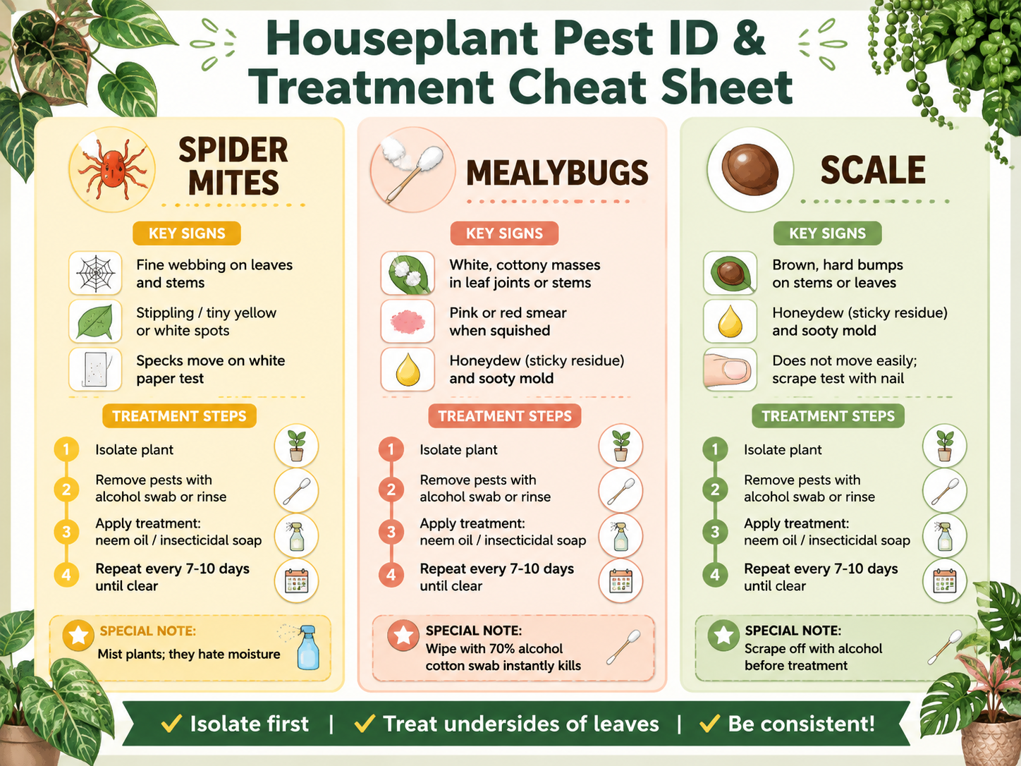 Three-panel infographic cheat sheet for identifying and treating spider mites, mealybugs, and scale on houseplants. Key signs shown with icons: webbing (mites), white cottony masses (mealybugs), brown bumps (scale). Treatment steps include isolation, alcohol removal, neem oil or insecticidal soap application, and repeating every 7-10 days. Bottom reminder emphasizes isolation, treating leaf undersides, and consistency.