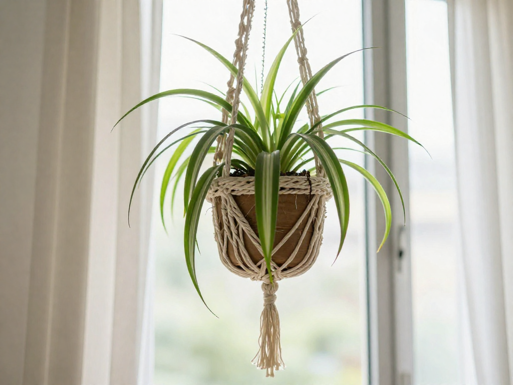 A healthy variegated spider plant hanging in a basket near a sunlit window