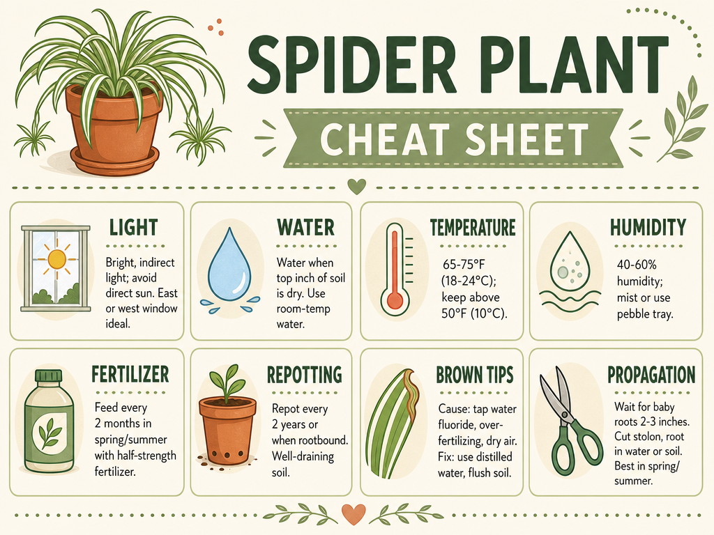 Infographic spider plant cheat sheet covering light, water, temperature, humidity, fertilizer, repotting, brown tips fix, and propagation with care values like 65-75°F, 40-60% humidity, and watering when top inch dry.