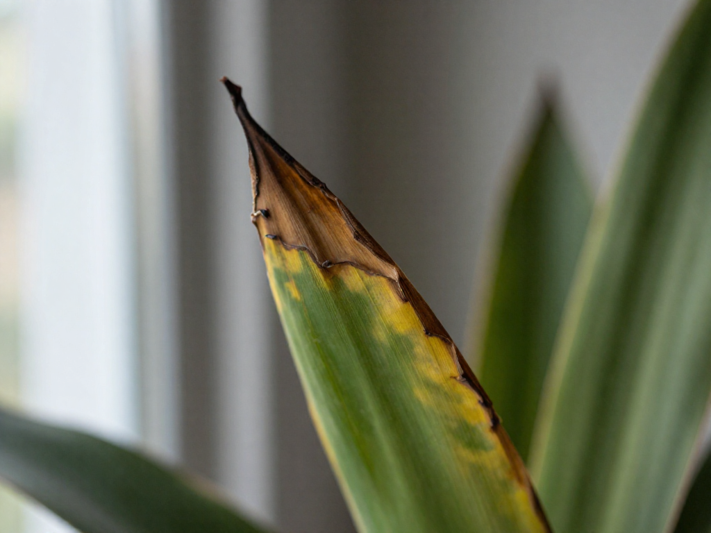 Close-up of a dracaena leaf tip showing brown, dry, necrotic edges, a sign of sensitivity to tap water chemicals.