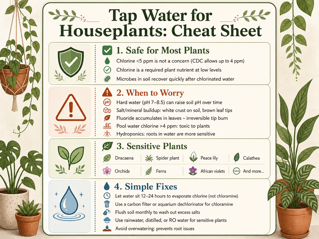 Infographic titled 'Tap Water for Houseplants: Cheat Sheet' with sections: Safe for Most Plants (chlorine <5 ppm not a concern, chlorine is a plant nutrient, microbes rebound quickly); When to Worry (hard water raises soil pH, salt/mineral buildup visible as white crust, fluoride can accumulate causing brown tips, pool water toxic, hydroponics more sensitive); Sensitive Plants (dracaena, spider plant, peace lily, calathea, orchids, ferns, African violets, etc.); Simple Fixes (let water sit 12-24h to remove chlorine, use carbon filter for chloramine, flush soil to reduce salts, use rainwater/distilled/RO for sensitive plants, avoid overwatering). Icons for each point.