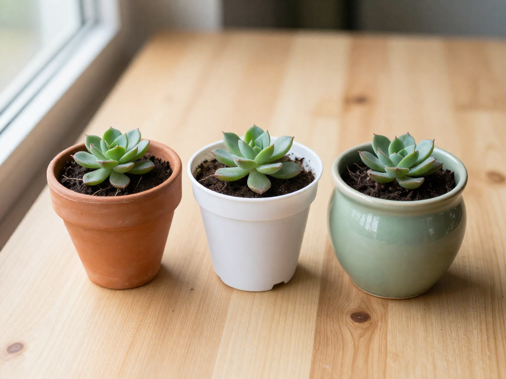 Three small plant pots—terracotta, white plastic, and green ceramic—lined up on a wooden table, each containing a small succulent.