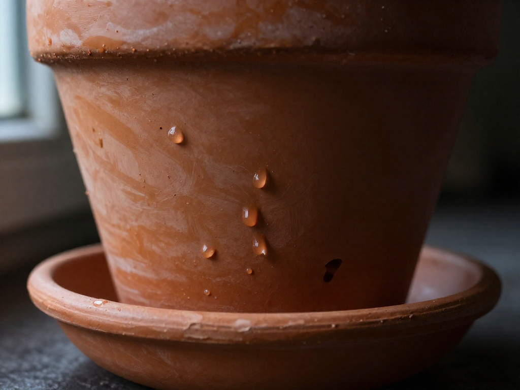 Water droplets draining from the hole in the bottom of a terracotta plant pot into a matching saucer.