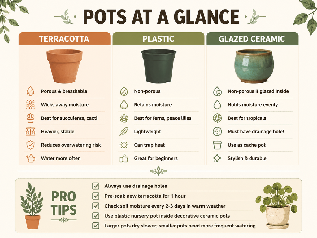 Infographic comparing terracotta, plastic, and glazed ceramic pots for houseplants. Highlights porosity, moisture retention, ideal plants, weight, and key pro tips like always using drainage holes and pre-soaking terracotta.