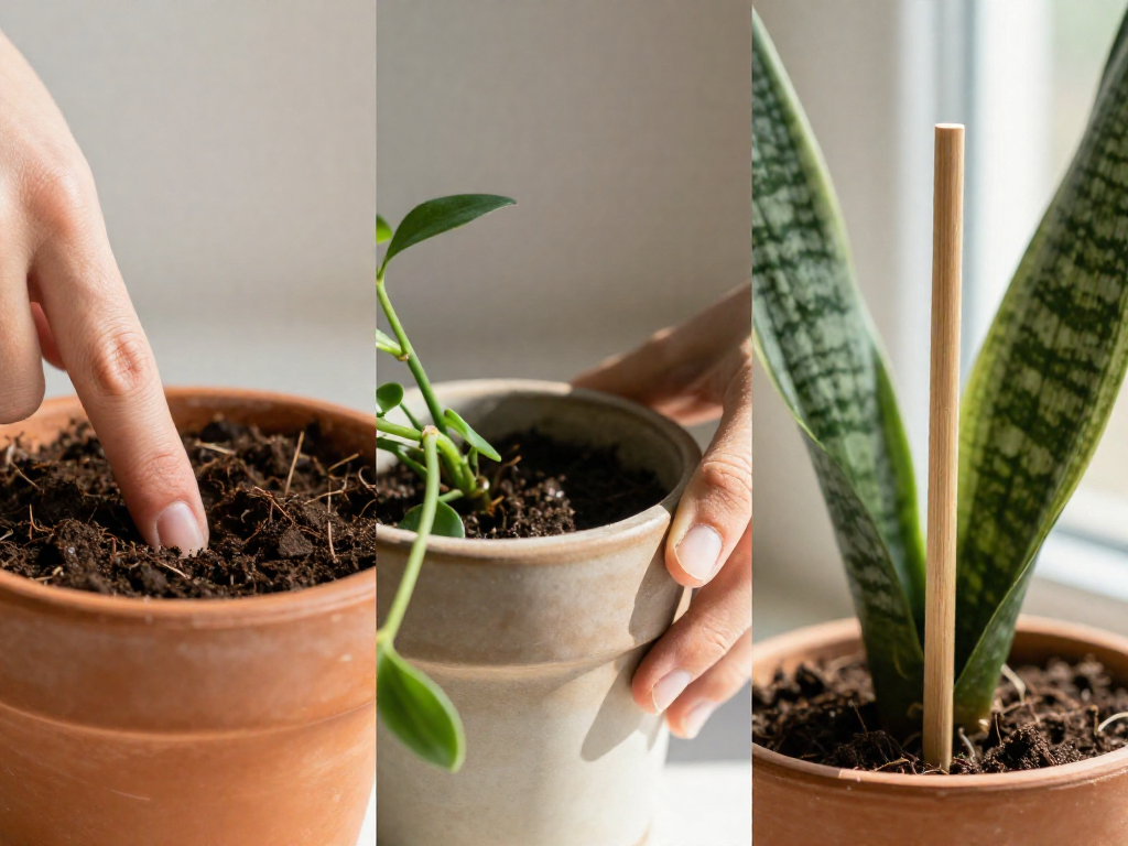 Three separate close-up photographs arranged in a row showing a finger testing soil moisture, a hand lifting a pot to check weight, and a chopstick inserted into soil to gauge dampness.