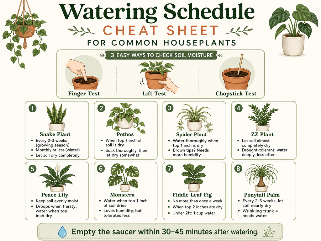 A vertical infographic summarizing watering needs for common houseplants. Includes three methods to check soil moisture (finger, lift, chopstick) and a grid of eight plants with names and watering frequencies: Snake Plant every 2-3 weeks, Pothos when top inch dry, Spider Plant when top inch dry, ZZ Plant let soil almost dry, Peace Lily keep moist, Monstera when top inch dry, Fiddle Leaf Fig no more than once a week, Ponytail Palm every 2-3 weeks. Reminder to empty saucer after watering.