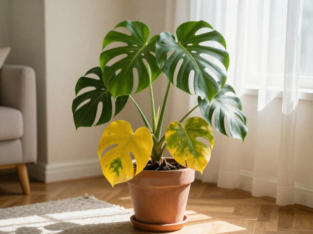 A potted Monstera plant with lower yellow leaves and upper green leaves, near a window.
