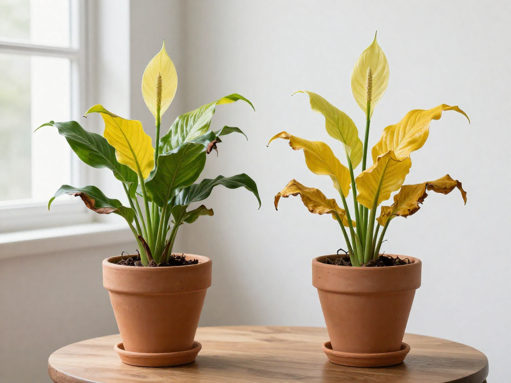 Two potted Peace Lily plants side by side; one with drooping, soggy yellow leaves, the other with dry, curling yellow leaves.