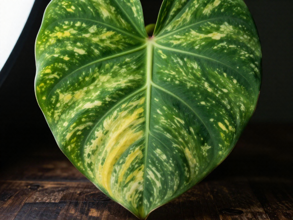 Close-up of a Philodendron leaf showing green veins with yellow tissue between them.