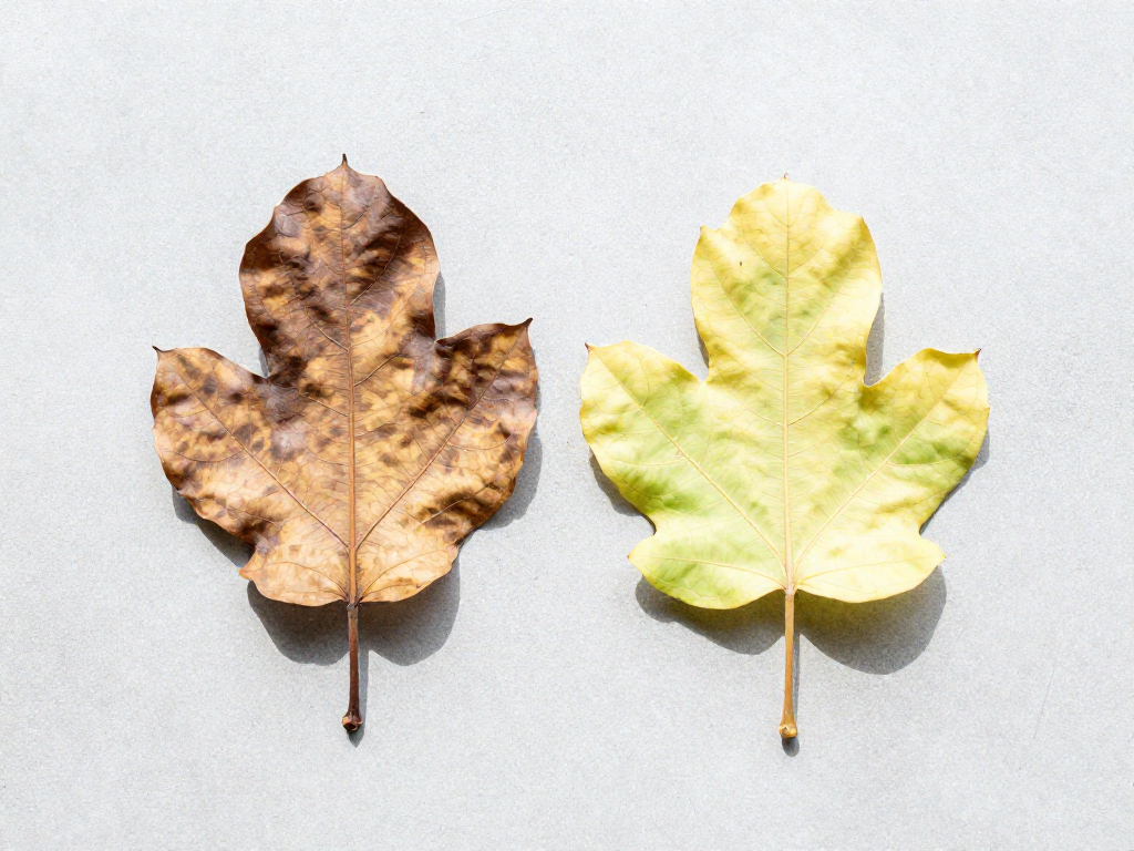 Two Fiddle Leaf Fig leaves on a gray surface; one with brown sunburn patches, the other uniformly pale yellow.