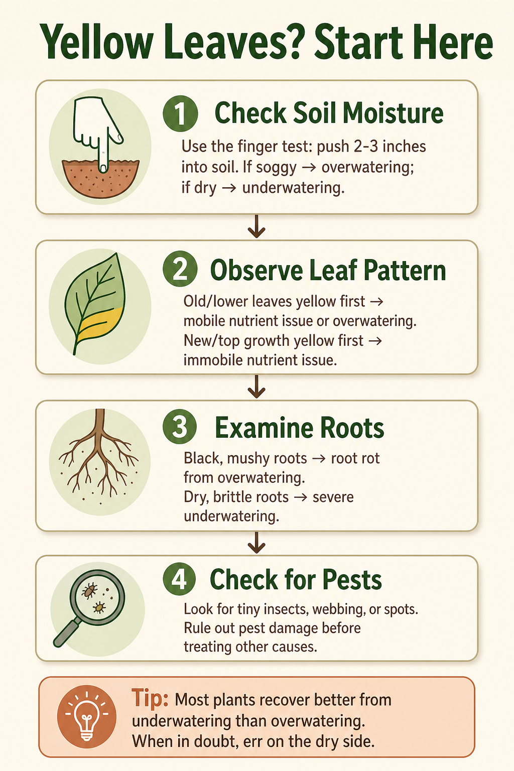 An infographic flowchart titled 'Yellow Leaves? Start Here' that guides diagnosing houseplant yellowing in four steps: check soil moisture, observe leaf pattern, examine roots, and check for pests. Includes tips like using the finger test and checking root health.