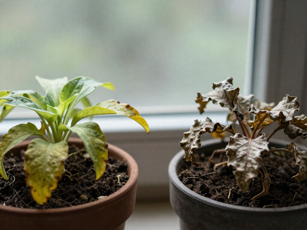 Side-by-side comparison of an overwatered plant with yellow, limp leaves and an underwatered plant with dry, curled leaves.