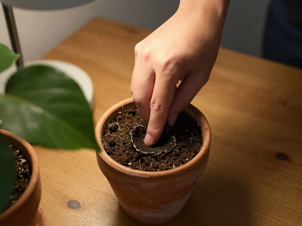 A person's hand performing a finger test to check soil moisture in a potted plant up to the first knuckle.