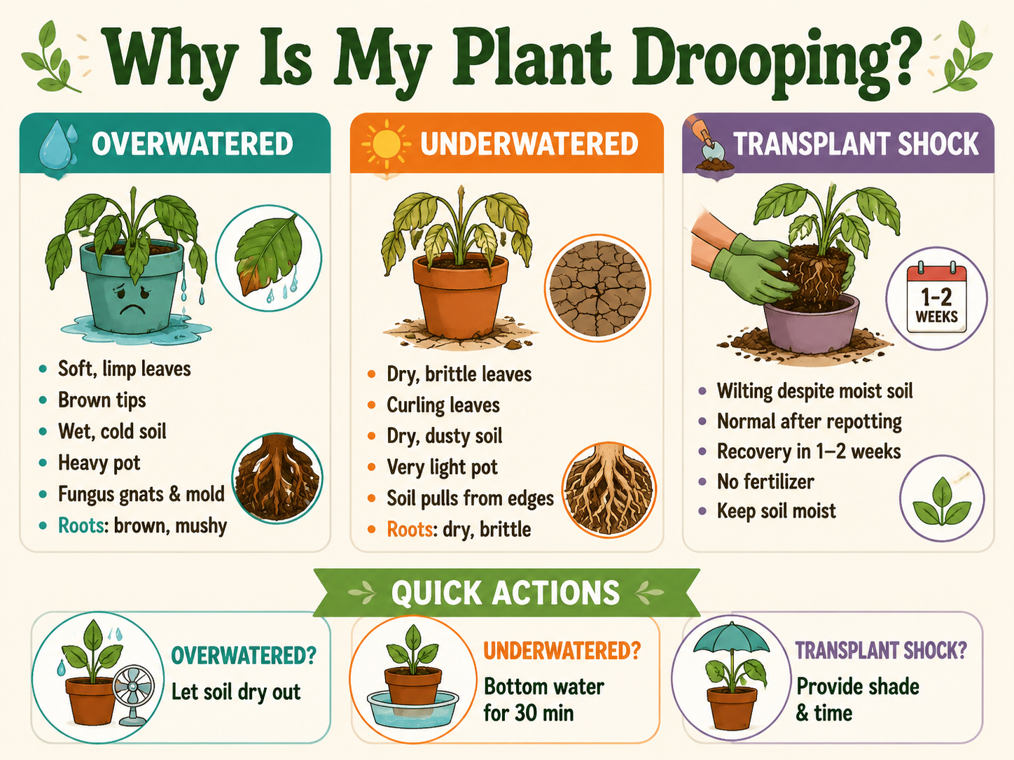 Infographic comparing symptoms of overwatering, underwatering, and transplant shock in houseplants. Overwatered: soft leaves, brown tips, heavy pot, mushy roots. Underwatered: dry brittle leaves, light pot, soil pulling away. Transplant Shock: wilting despite moist soil, normal after repotting. Quick action tips for each.
