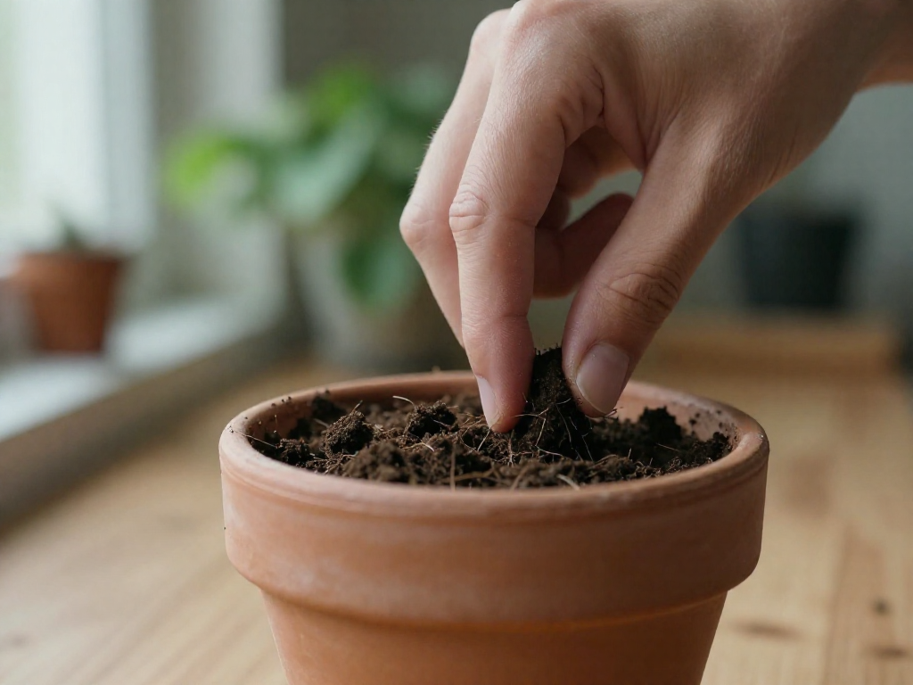 A person's finger checking the dryness of soil in a small potted plant.