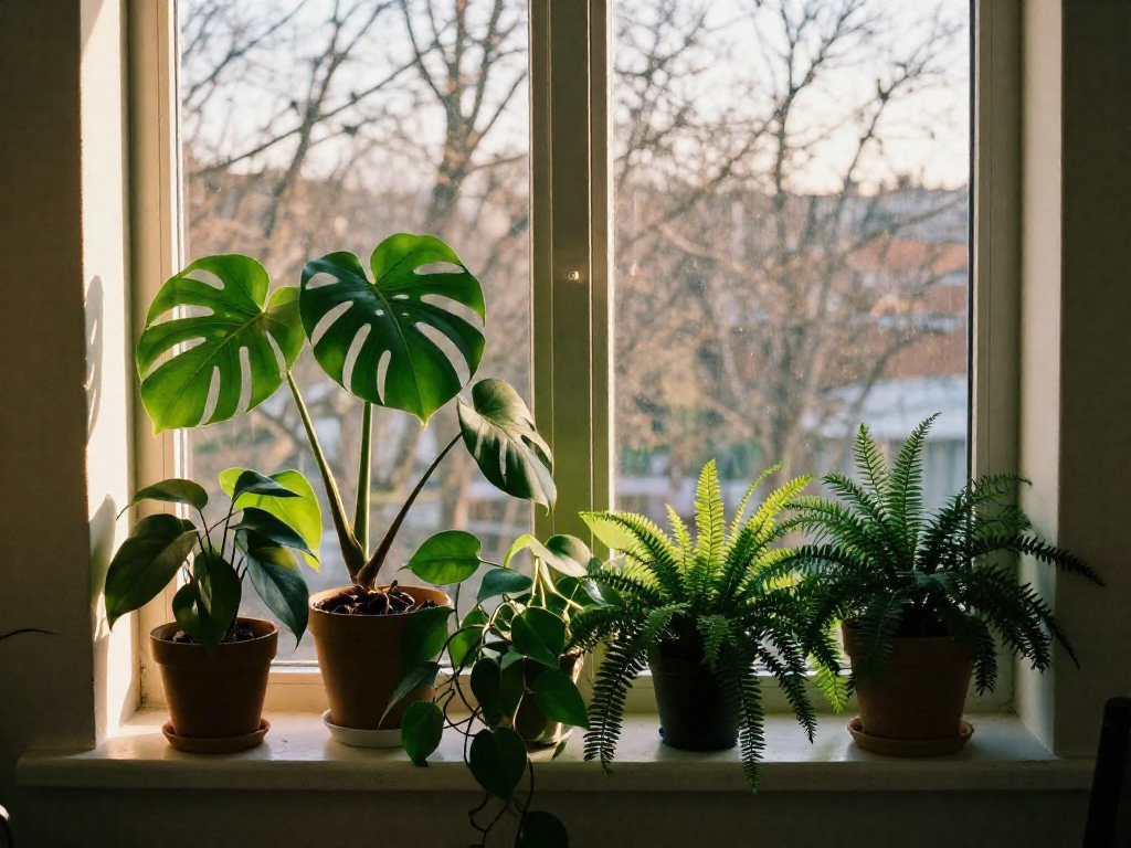 A cluster of houseplants basking in the sunlight on a windowsill in winter.