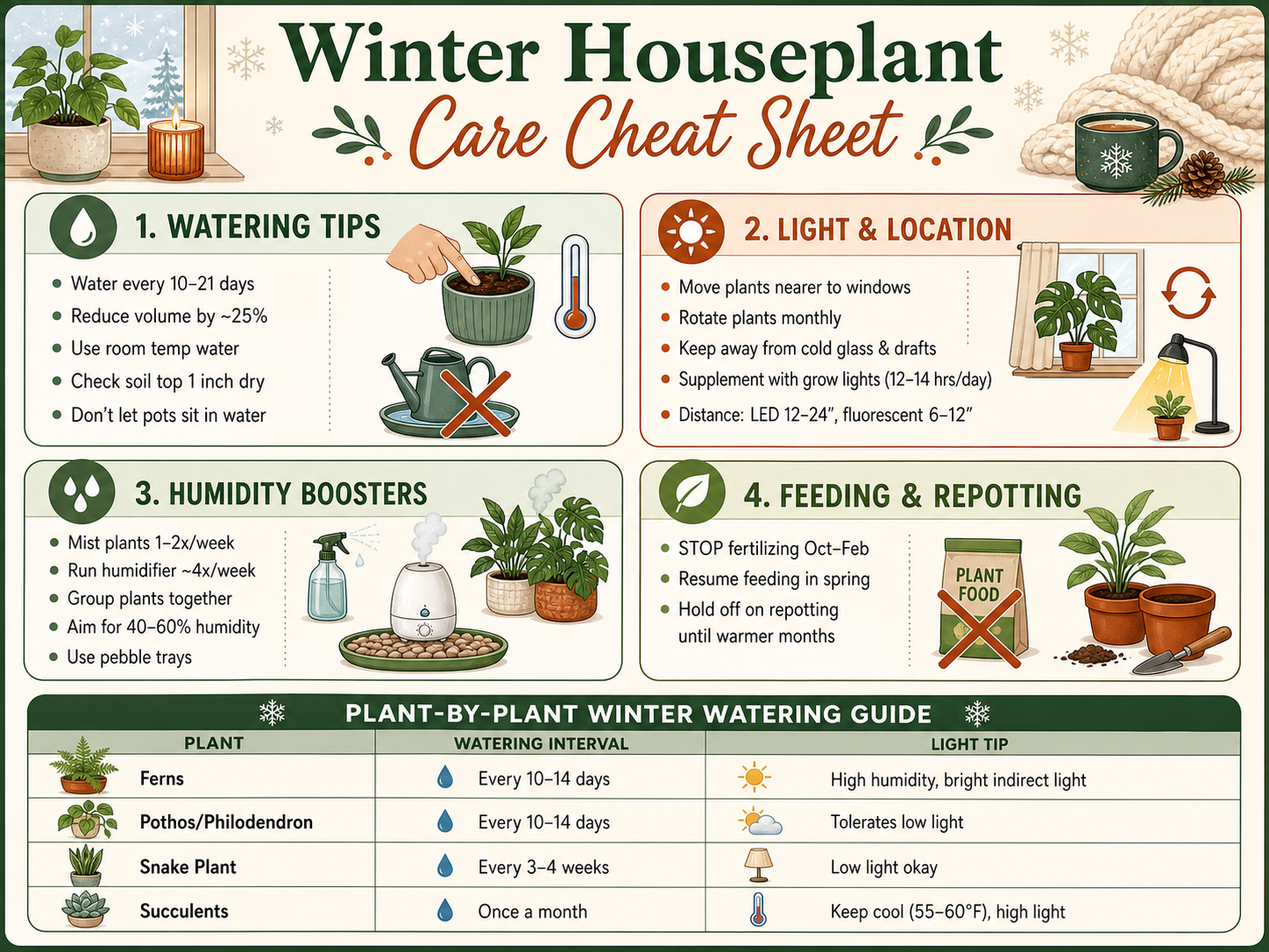 Infographic cheat sheet for winter houseplant care summarizing key tips: reduce watering to every 10-21 days, use room temperature water, check soil dryness; move plants to bright spots, rotate, supplement with grow lights; boost humidity with misting, humidifiers, pebble trays; stop fertilizing from October to February and hold off repotting. Includes a quick guide chart with watering intervals for ferns, pothos, snake plants, and succulents.
