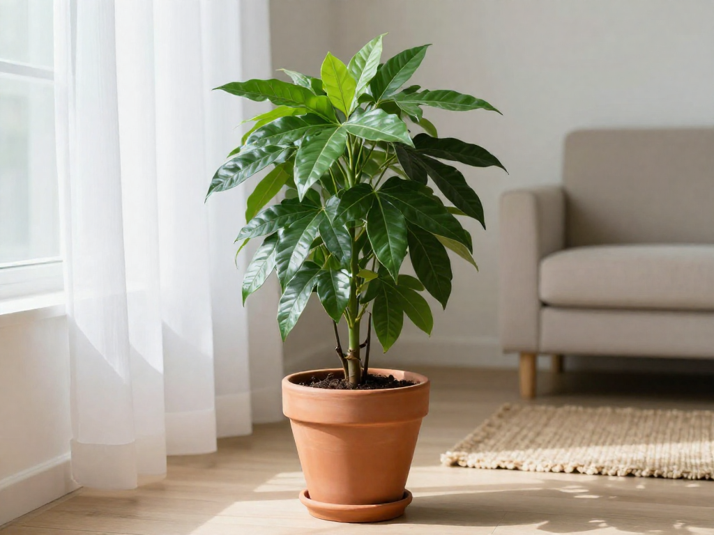A lush green ZZ plant in a terracotta pot sits on the floor near a window in a bright, minimalist apartment living room.
