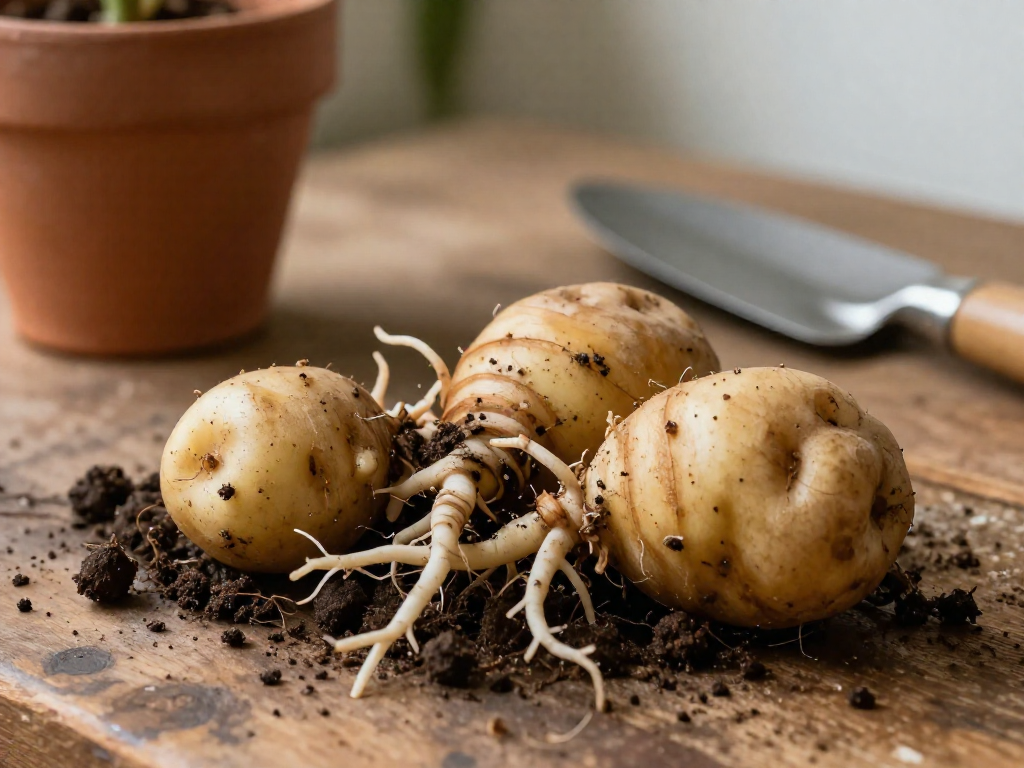 Close-up of a ZZ plant's thick, potato-like rhizomes and roots exposed in soil during repotting.